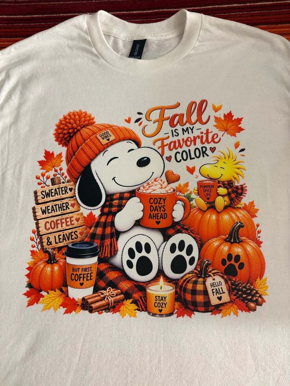 Gildan Snoopy Fall Graphic T-Shirt White Autumn Pumpkin Coffee